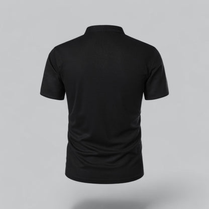 Back view of the black shirt, plain back with stand-up neckband 16