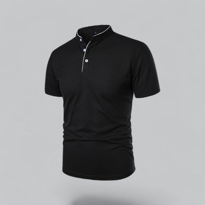 Angled three-quarter view of the black shirt showing white piping and pale buttons on the placket 17