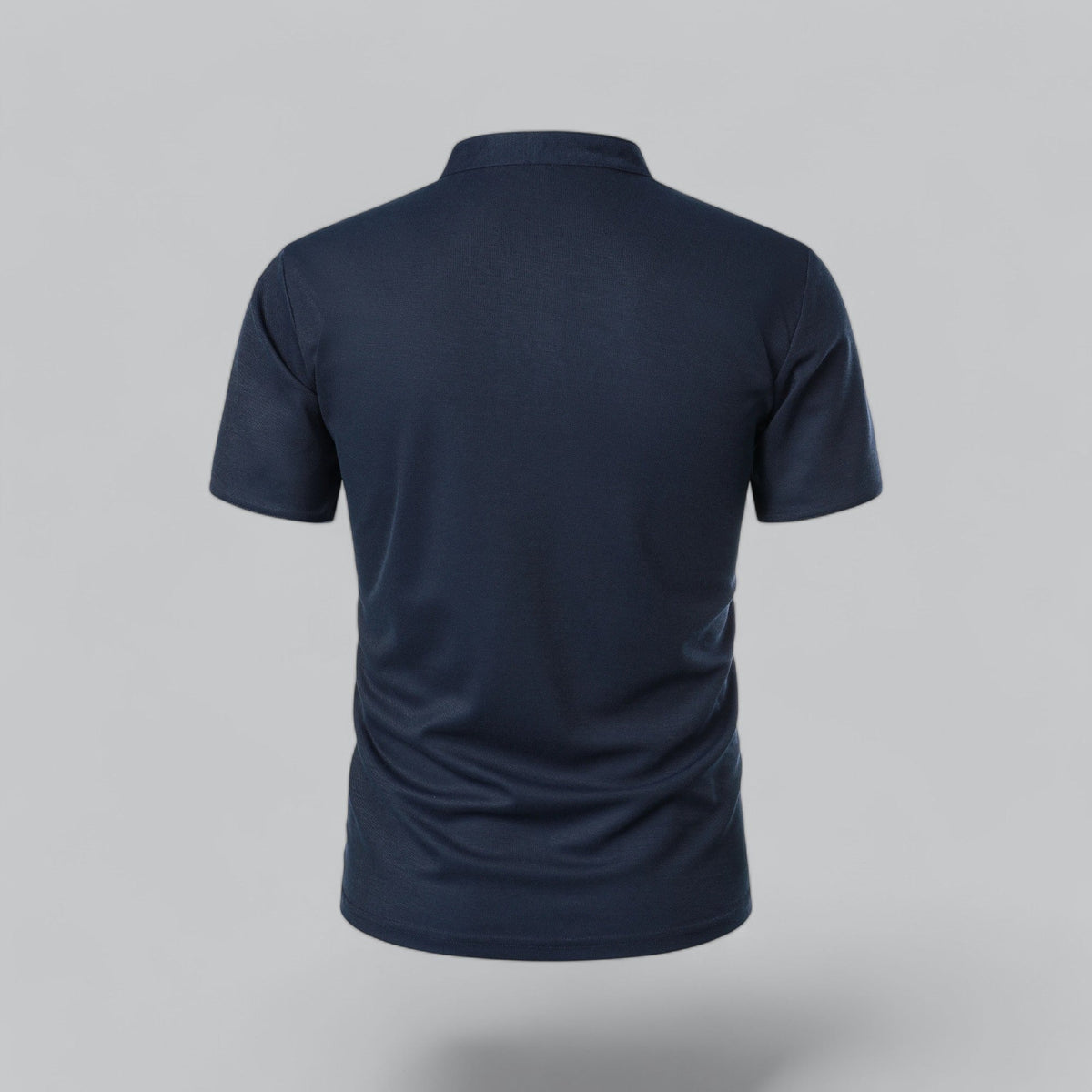 Back view of the navy shirt, plain back with stand-up neckband 18