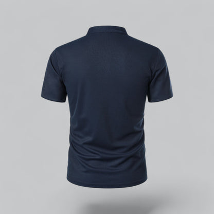 Back view of the navy shirt, plain back with stand-up neckband 18
