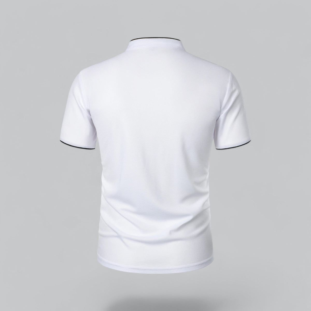 Back view of the white shirt, plain back with black piping at the neckband and cuffs 20