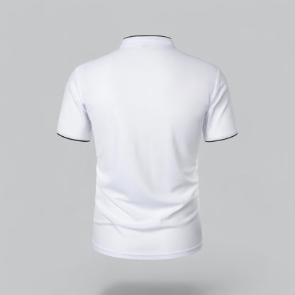 Back view of the white shirt, plain back with black piping at the neckband and cuffs 20