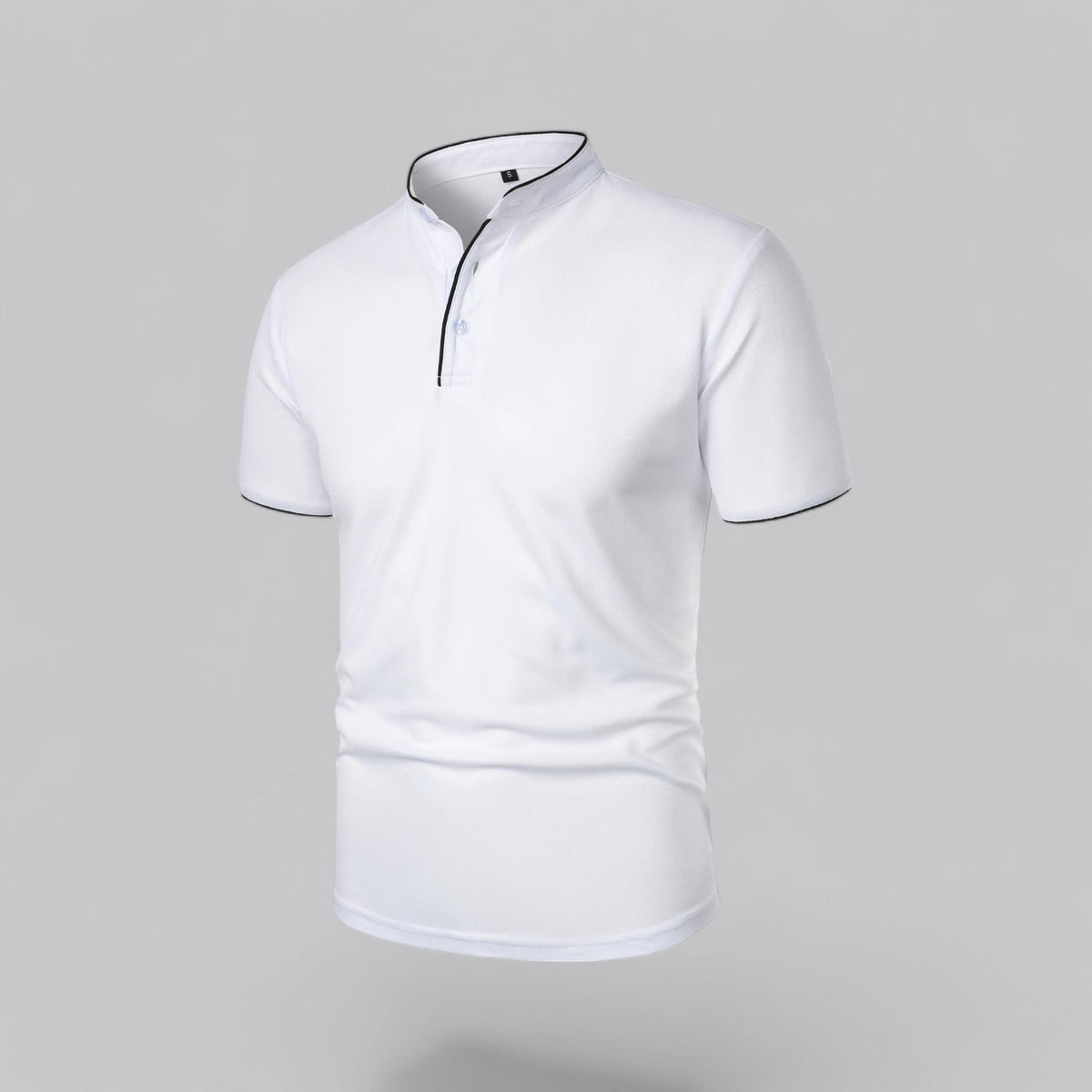 White polo shirt with black piping on the stand-up neckband, placket and sleeve cuffs, three-quarter front view 21