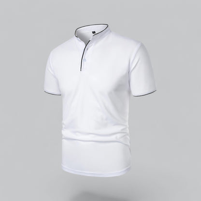 White polo shirt with black piping on the stand-up neckband, placket and sleeve cuffs, three-quarter front view 21