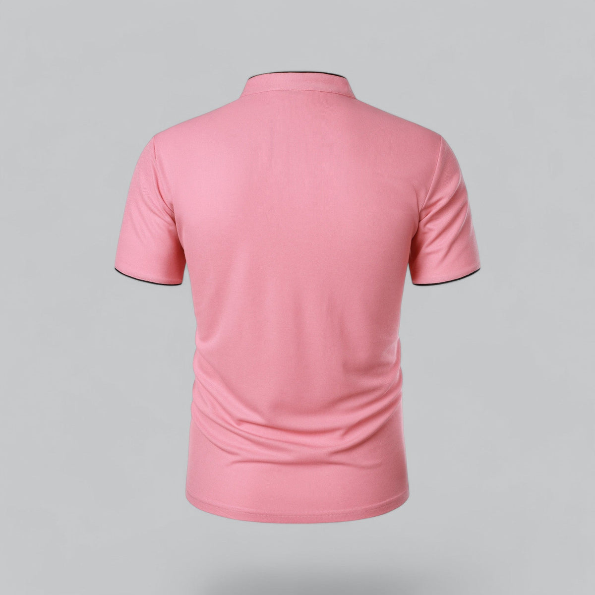 Back view of the pink short-sleeved polo shirt, showing the plain back and black-edged sleeve hems 22