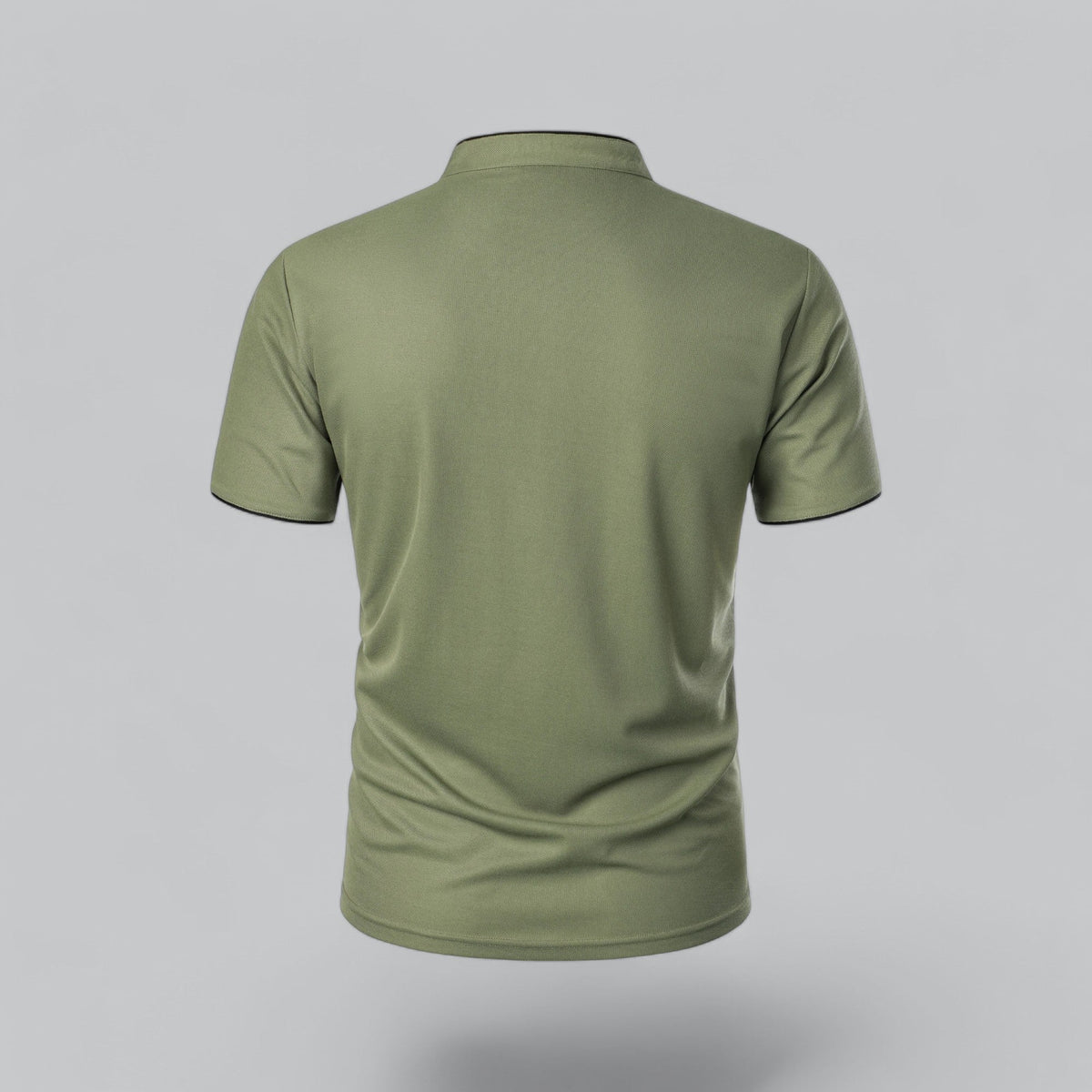 Back view of the olive green short-sleeved polo shirt with a plain back and black-trimmed cuffs 24