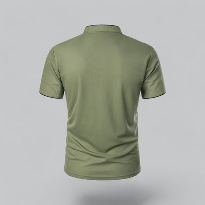 Back view of the olive green short-sleeved polo shirt with a plain back and black-trimmed cuffs 24