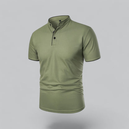 Olive green polo shirt from the front at an angle, showing black buttons and black piping on the neckband 25