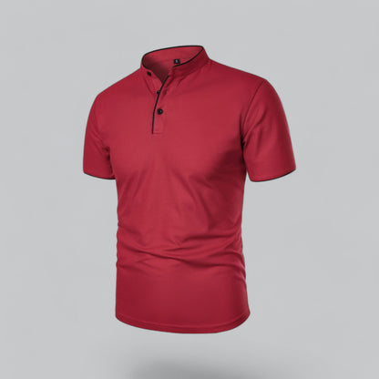 Red polo shirt seen from the front at an angle, with black buttons and black piping along the placket 27
