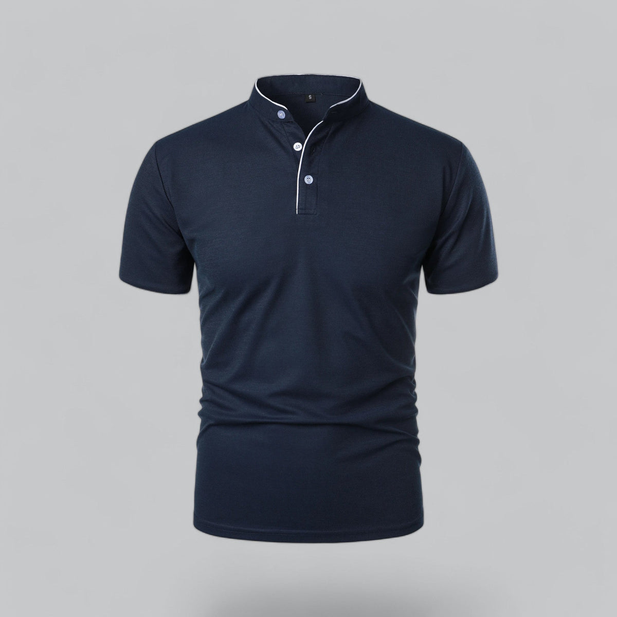 Front view of a navy short-sleeved shirt with white piping along the placket and neckband 5