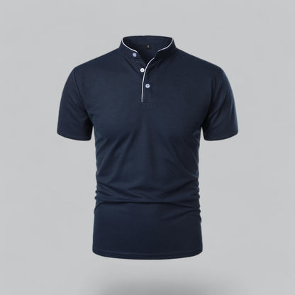 Front view of a navy short-sleeved shirt with white piping along the placket and neckband 5