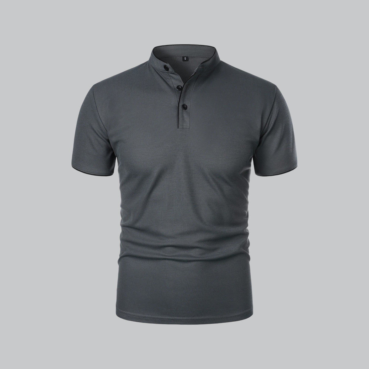 Front view of a dark grey short-sleeved shirt with stand-up neckband and black trim details 3
