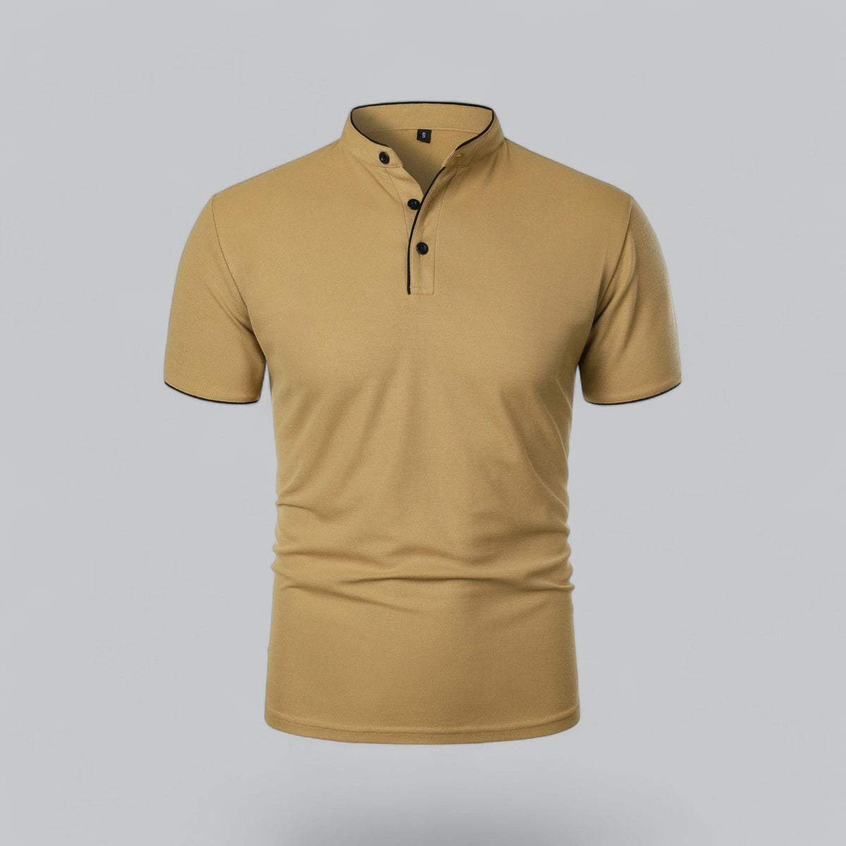 Front view of a mustard-tan short-sleeved shirt with black piping on neckband, placket and cuffs 1