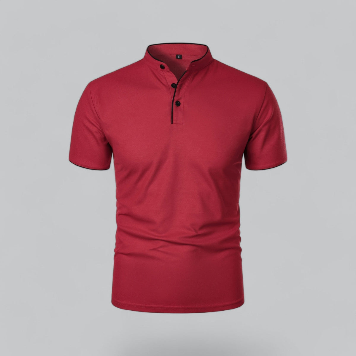 Front view of a deep red short-sleeved shirt with black buttons and black piping 9