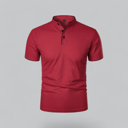 Front view of a deep red short-sleeved shirt with black buttons and black piping 9