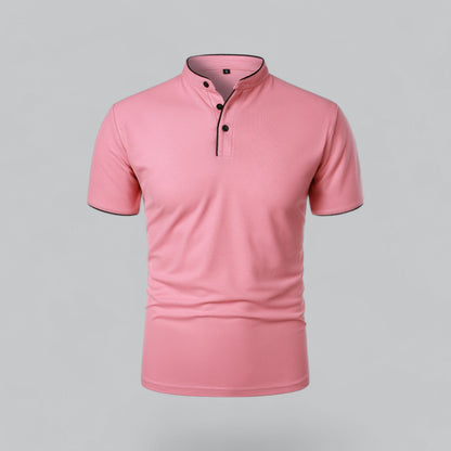 Front view of a pink short-sleeved shirt with black buttons and black contrast piping 7