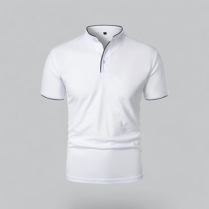 Front view of a white short-sleeved shirt with black piping on the neckband and sleeve cuffs 6