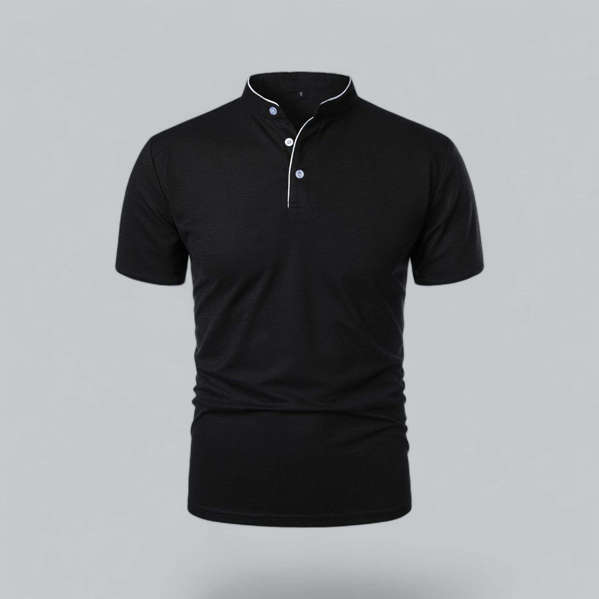 Front view of a black short-sleeved shirt with white piping and pale pearly buttons 4