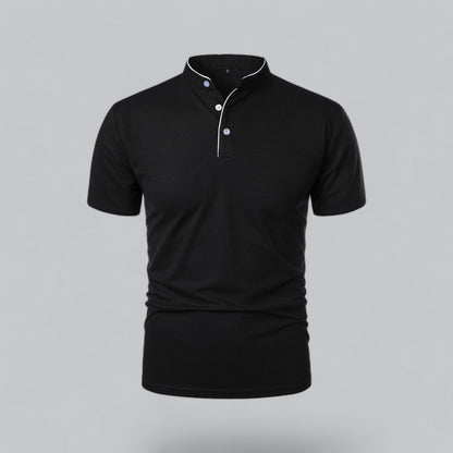 Front view of a black short-sleeved shirt with white piping and pale pearly buttons 4
