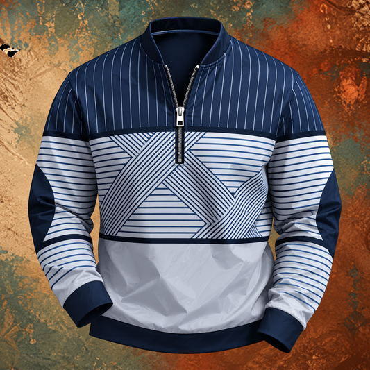 Navy and white striped half-zip jumper with geometric chest panel, shown flat against a rust-toned textured backdrop 2