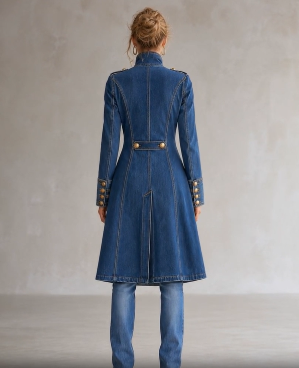 Back view of the blue denim coat showing the stand collar, back belt with two gold buttons, centre vent and buttoned cuffs. 5