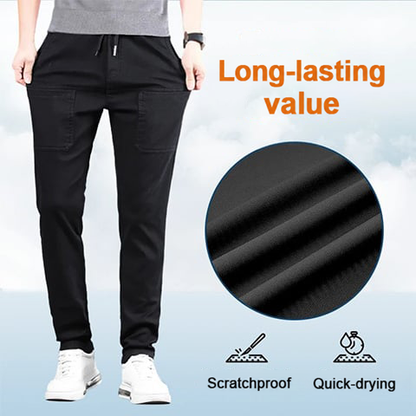 Model wearing black trousers beside a close-up of the smooth, dark fabric texture 3