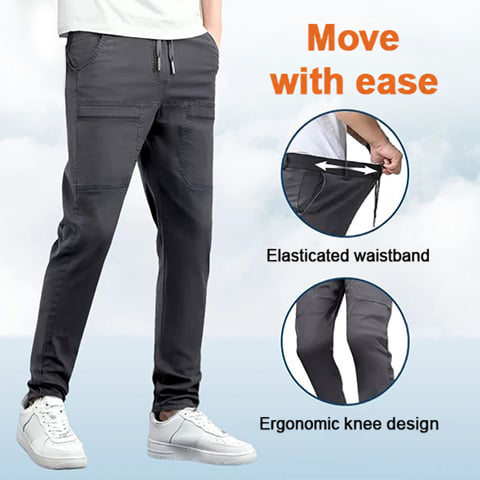 Grey trousers worn by a model, with insets showing the elasticated waistband and knee shaping 15