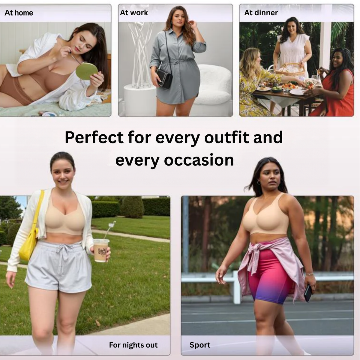 Collage of models wearing the beige bra at home, at work, at dinner, out and exercising 15