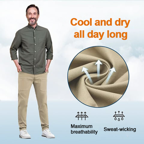 Man in a green shirt and beige trousers beside a swirled fabric close-up with airflow arrows 12