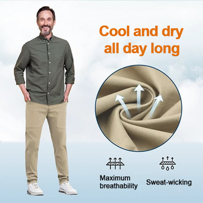 Man in a green shirt and beige trousers beside a swirled fabric close-up with airflow arrows 12