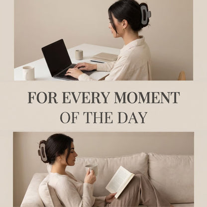 Two scenes of a woman wearing the clip in an updo, working at a laptop and reading on a sofa 4