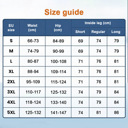 Size guide table giving waist, hip and inside leg measurements in centimetres from S to 5XL 20