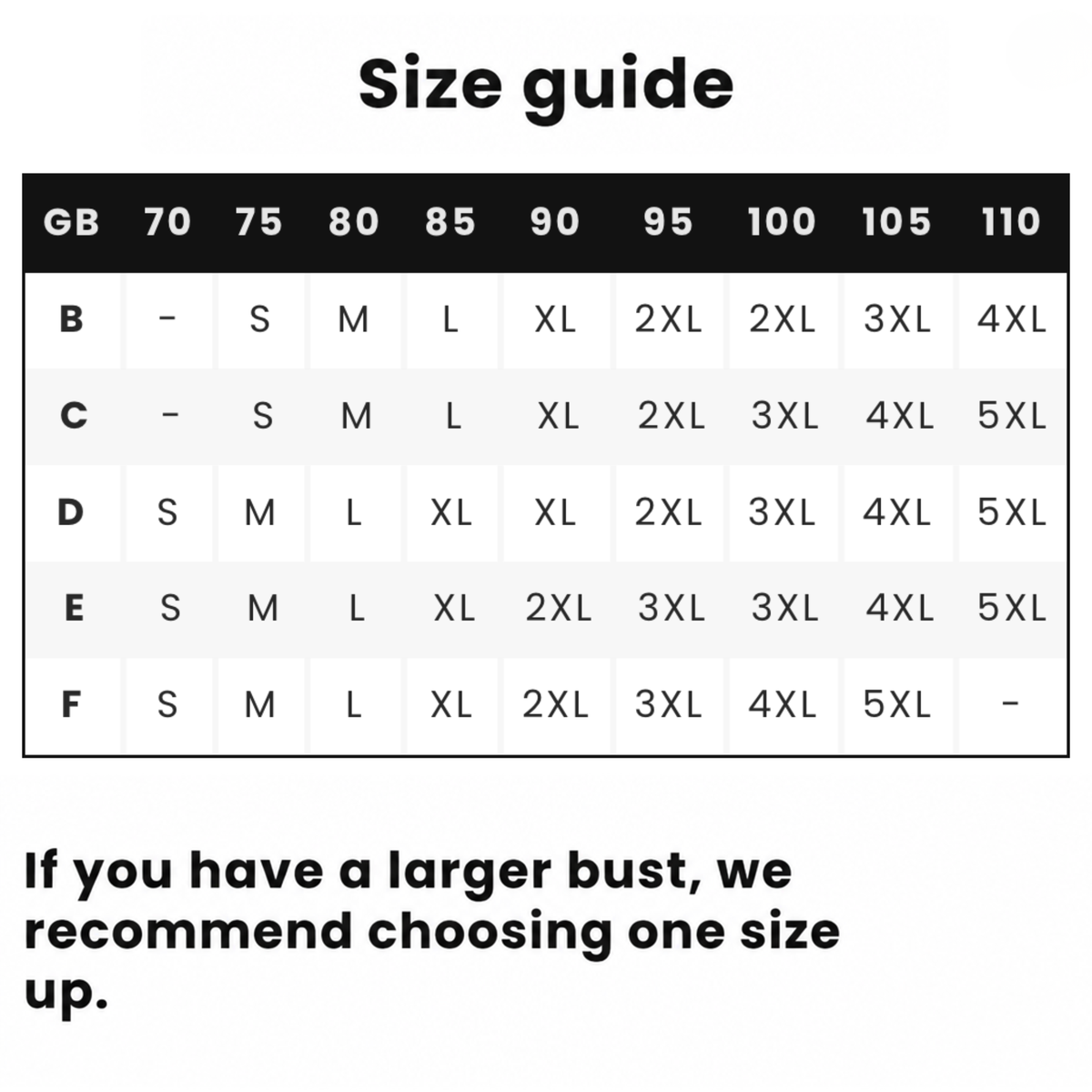 Size chart table matching cup sizes B to F with band sizes and S to 5XL 11