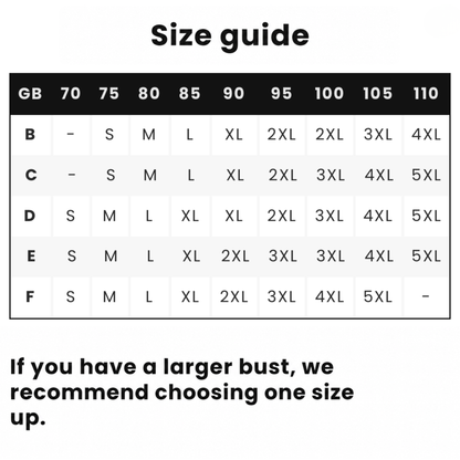Size chart table matching cup sizes B to F with band sizes and S to 5XL 11