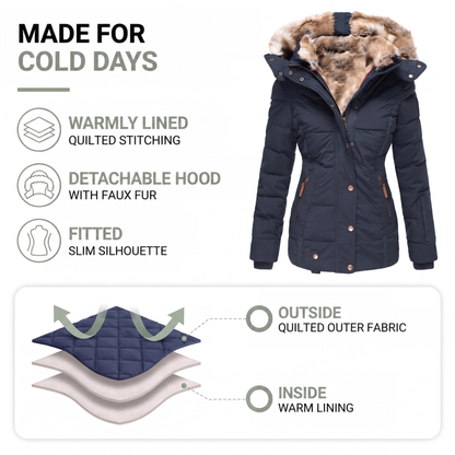 Navy parka with infographic panels and a layer diagram of quilted outer fabric and warm lining 2