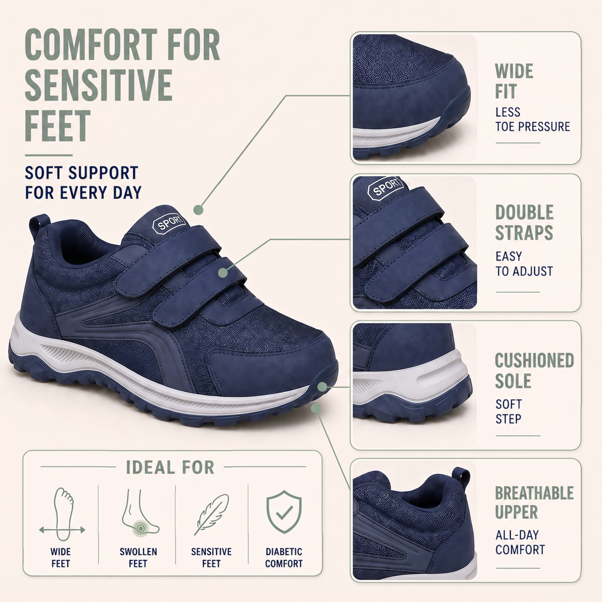 Navy shoe on an infographic for sensitive feet, with close-ups of toe, straps, sole and upper 4