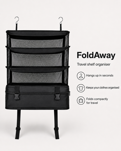 Empty black organiser hanging from two metal hooks, showing three mesh shelves, buckles and a zipped base 1