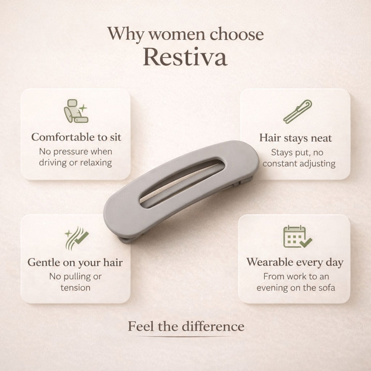 Grey clip surrounded by four benefit panels about comfort, neat hold, gentleness on hair and daily wear 3