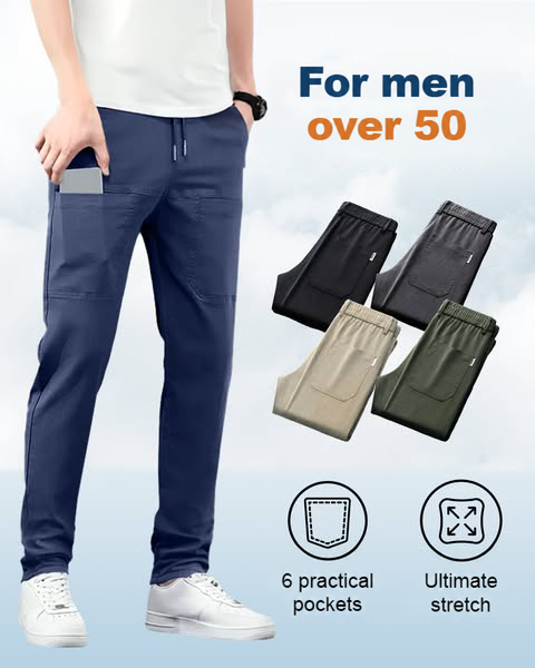 Navy trousers with a phone in the pocket, beside four folded colour options and feature icons 13