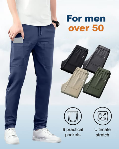 Navy trousers with a phone in the pocket, beside four folded colour options and feature icons 13