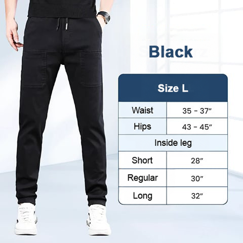 Black trousers on a model next to a size L chart for waist, hips and inside leg 6