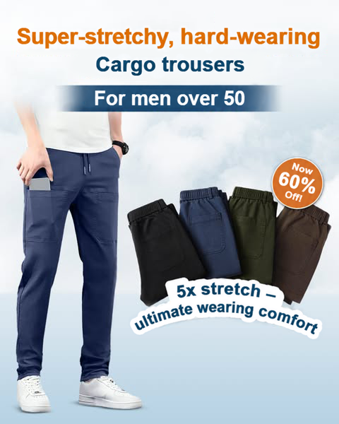Promotional graphic of navy trousers worn by a model beside four folded colour options 2