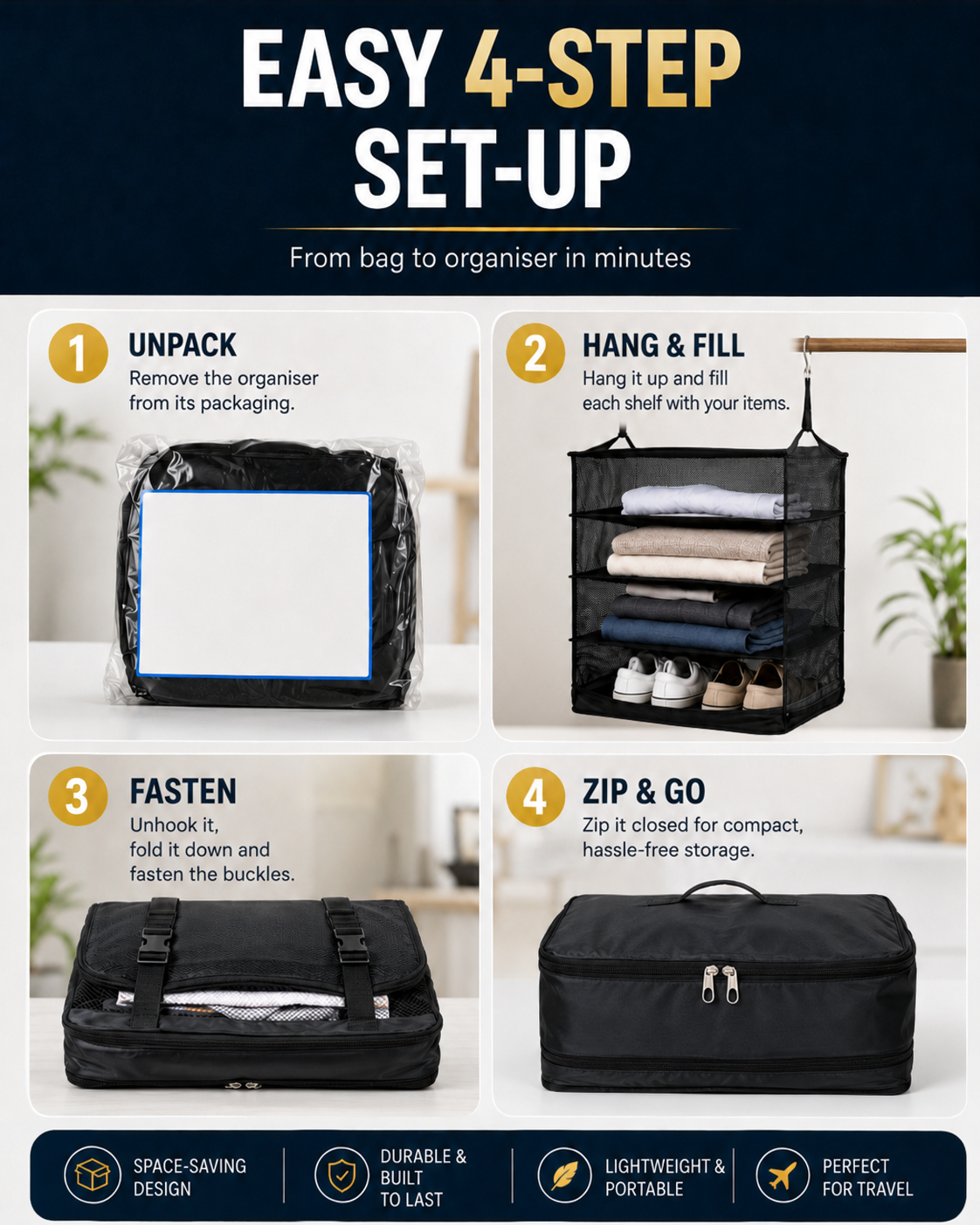 Four-step guide: unpacking from plastic bag, hanging and filling, buckling folded up, and zipping closed 4