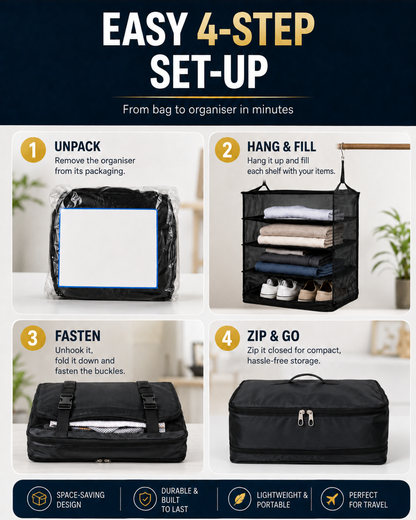 Four-step guide: unpacking from plastic bag, hanging and filling, buckling folded up, and zipping closed 4