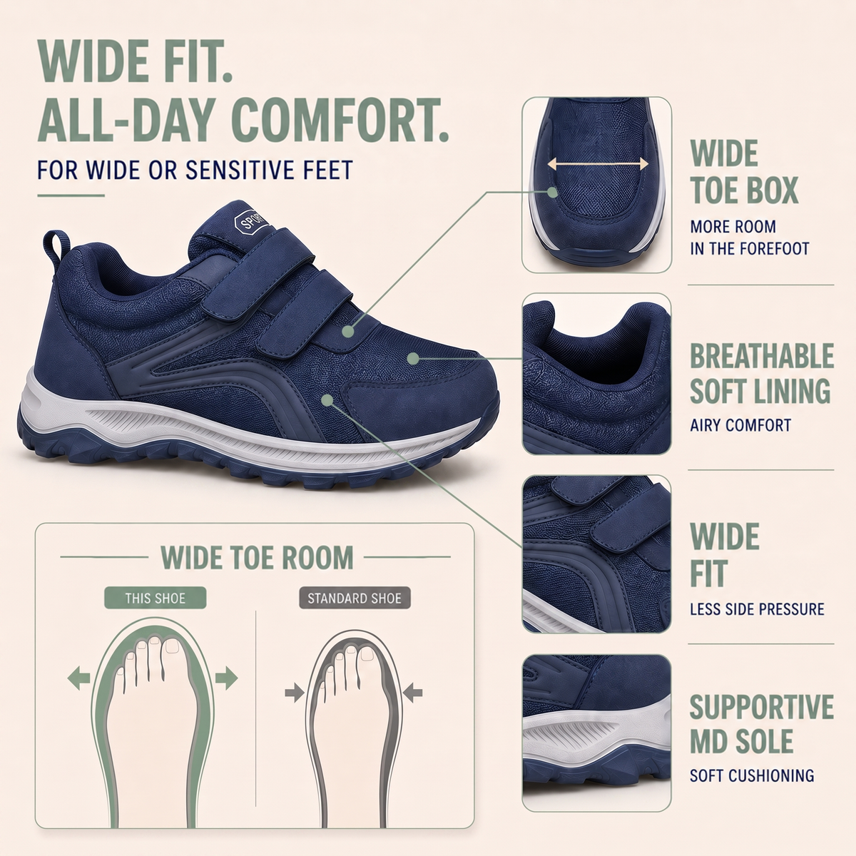 Navy shoe on an infographic highlighting roomy toe box, breathable lining and a wider toe-space comparison diagram 3