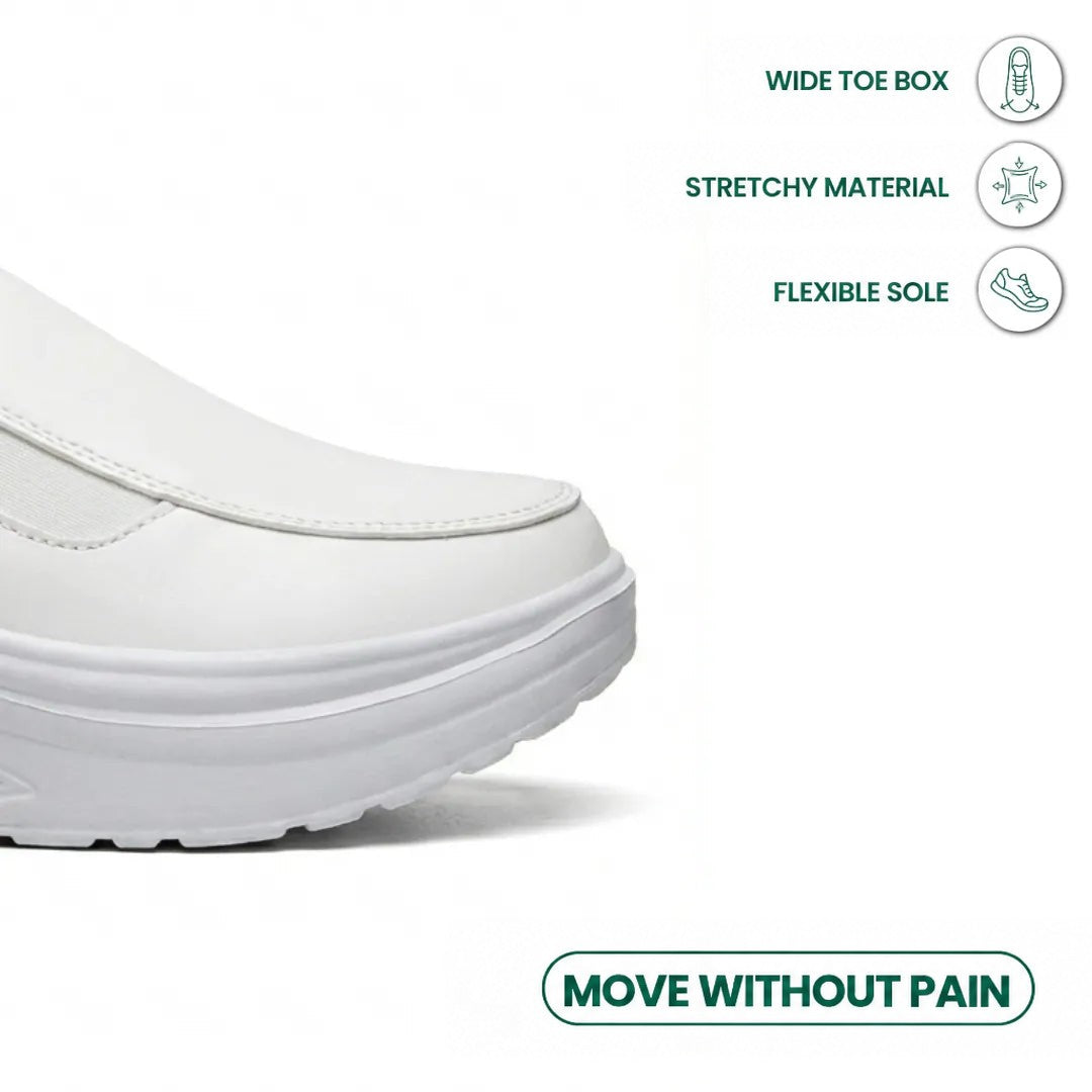 Close-up of the white shoe's wide toe box, with icons for stretch material and flexible sole 14