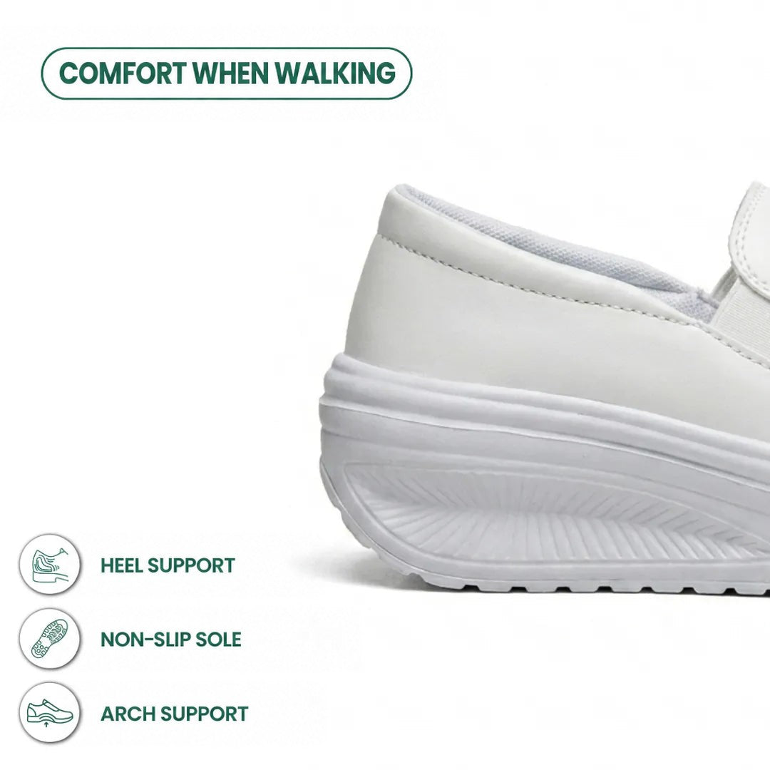 Close-up of the white shoe's heel and tread, with icons for heel support and grip 13