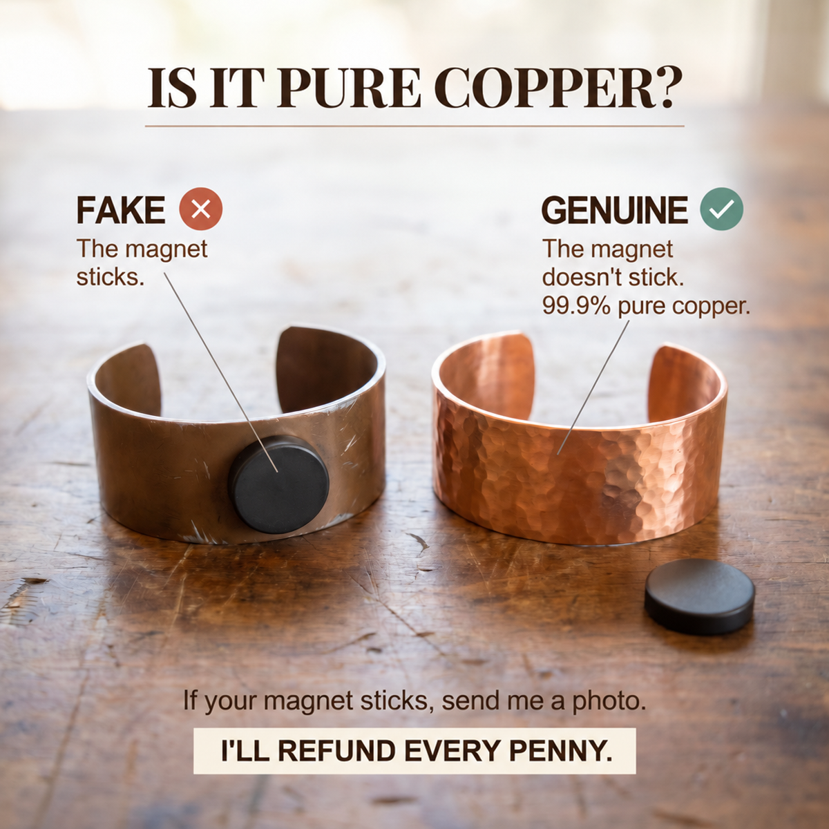 Two wide cuffs side by side, one dull and scratched with a magnet attached, one hammered and bright 4