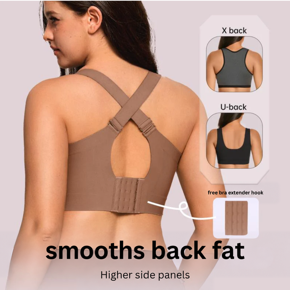 Back view of brown bra with crossed straps and hook-and-eye closure, plus X-back and U-back options 13