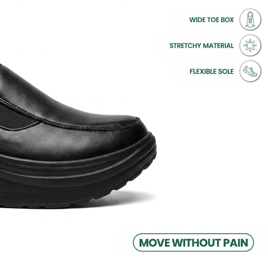 Close-up of the black shoe's wide toe box, with icons for stretch material and flexible sole 5